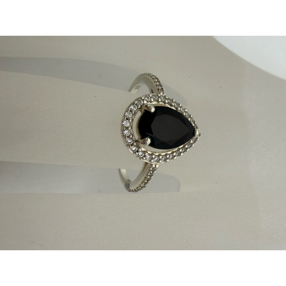RJ Sterling Silver .925 PEAR CUT BLACK & WHITE STONE HALO RING SIZE 6.5